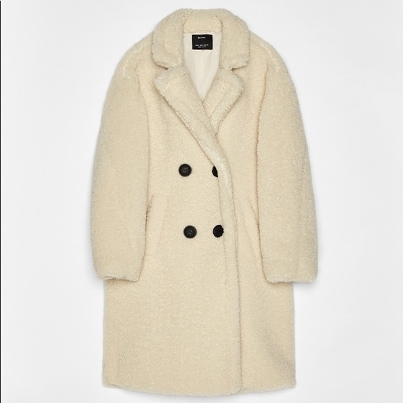 bershka Jackets & Blazers - Long faux shearling double-breasted coat in cream